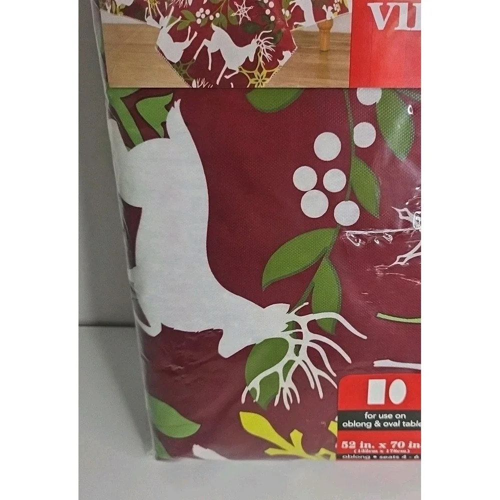 December Home‎ Vinyl Table Cloth Burgandy Reindeer Size Oblong 52 In X 70 In New